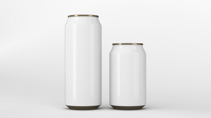 Big and small white and gold soda cans mockup