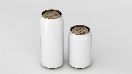 Big and small white and gold soda cans mockup