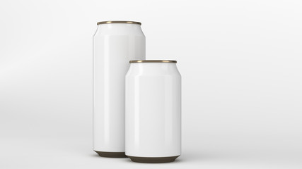 Big and small white and gold soda cans mockup