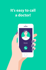 A woman is holding a smartphone in her hand. Medical advice online. Call the doctor. Support and first aid. Vector illustration