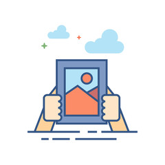 Hand holding painting icon in outlined flat color style. Vector illustration.