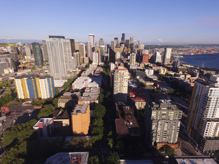 Aerial View Over Seattle Inter Urban Downtown City Skyline Buildings Waterfront