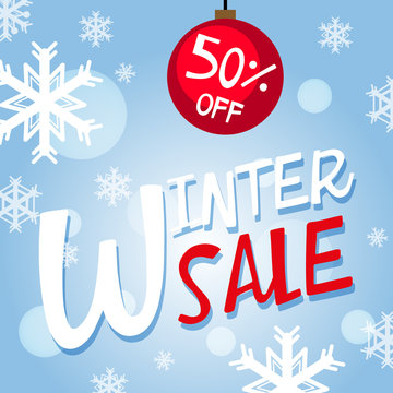 Winter sale poster design with snowflakes on blue