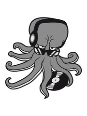 sonnenbrille dj musik party feiern tanzen club disko auflegen platte scratchen mischpult cool oktopus tentakel unterwasser tintenfisch riesenkrake kraken comic cartoon design clipart © Style-o-Mat-Design