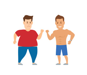 fat man against fitness man on white background.weight loss concept