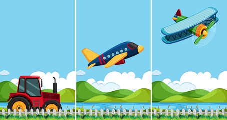 Obraz na płótnie Canvas Three scenes with different types of transportation