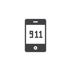 Emergency call 911 icon vector, filled flat sign, solid pictogram isolated on white. Mobile phone with 911 symbol, logo illustration.