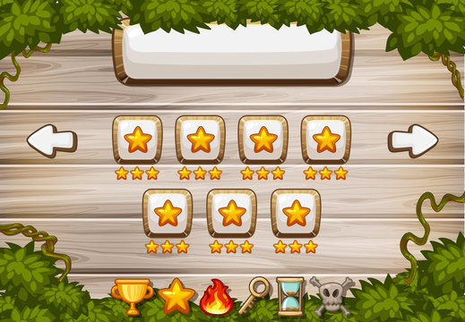 Game background template with wooden board and star buttons