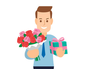 young man with bouquet of flowers and gift box