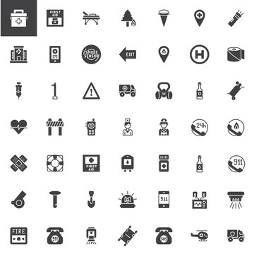 Fire emergency vector icons set, modern solid symbol collection, filled style pictogram pack. Signs, logo illustration. Set includes icons as hospital, stretcher, ambulance, fireman, extinguisher