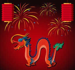 Chinese dragon and lantern with fireworks in background