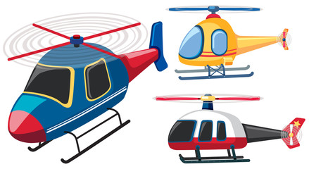 Three helicopters in different colors