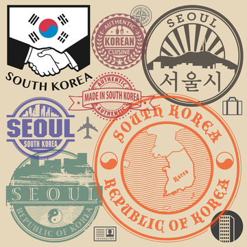 Travel or airport stamps or symbols set South Korea