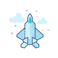 Fighter jet icon in outlined flat color style. Vector illustration.