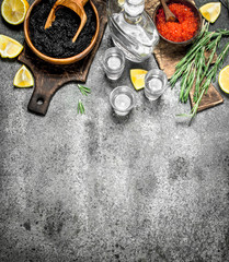 Obraz na płótnie Canvas Black and red caviar with a carafe of vodka.