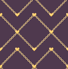 Elegant seamless pattern with golden hearts and ring chain on purple background. Luxury glossy gold heart on chain for Valentine's day greeting cards, jewelry store design, textile, wrapping paper