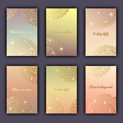 Card set with floral glowing decorative mandala elements background. Asian Indian oriental ornate banners