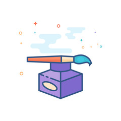 Ink pot icon with brush in outlined flat color style. Vector illustration.
