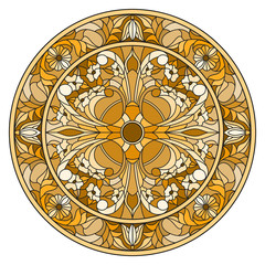 Illustration in stained glass style, round mirror image with floral ornaments and swirls,brown tone ,sepia 