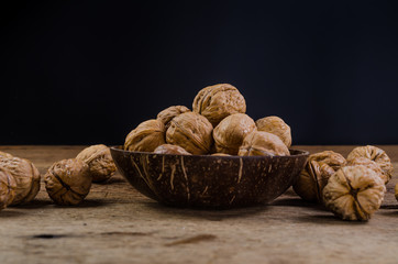 Heap of walnuts coconut shell