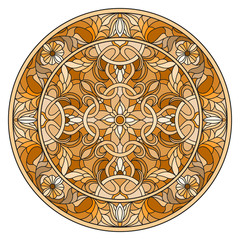 Illustration in stained glass style, round mirror image with floral ornaments and swirls,brown tone ,sepia 
