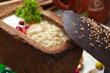 soup served in a bread bowl