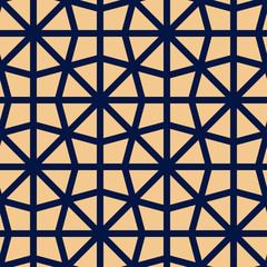 Golden geometric ornament on blue background. Seamless pattern