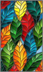 Illustration in stained glass style with colorful leaves