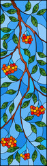 Illustration in stained glass style with a branch of mountain ash, clusters of berries and leaves against the sky,, vertical image