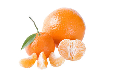 The fresh mandarines isolated on white background.