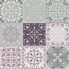 Set of seamless ceramic tiles in blue and beige retro colors with vintage ethnic patterns and floral motifs in the style of a patchwork vector illustration with an ornament