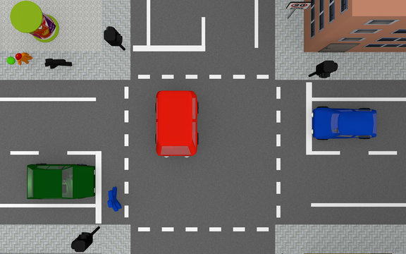 Road junction with colorful cars and traffic lights. View from above.