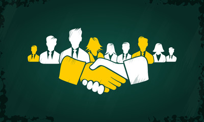 Shake hands concept vector with white and yellow hand icons and people silhouettes drawn on chalkboard