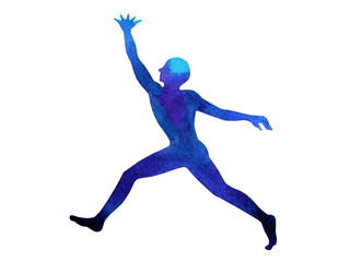 Fototapeta na wymiar human running jumping raise hands up power energy pose, abstract body watercolor painting hand drawing