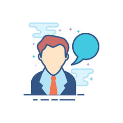 Fototapeta na wymiar Businessman with talk bubble icon in outlined flat color style. Vector illustration.