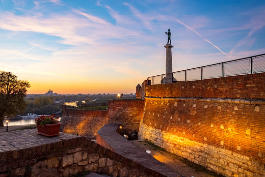 Kalemegdan fortress,Victor the monument and Sava river in evening colors