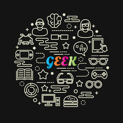 geek colorful gradient with line icons set - obrazy, fototapety, plakaty