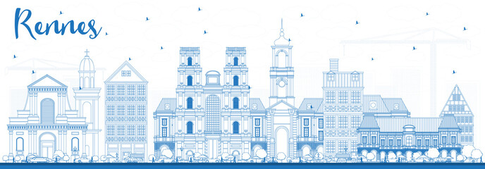 Outline Rennes France City Skyline with Blue Buildings.