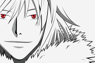 Anime face with red eyes from cartoon. Web banner for anime, manga on white background. Vector illustration - 190847010