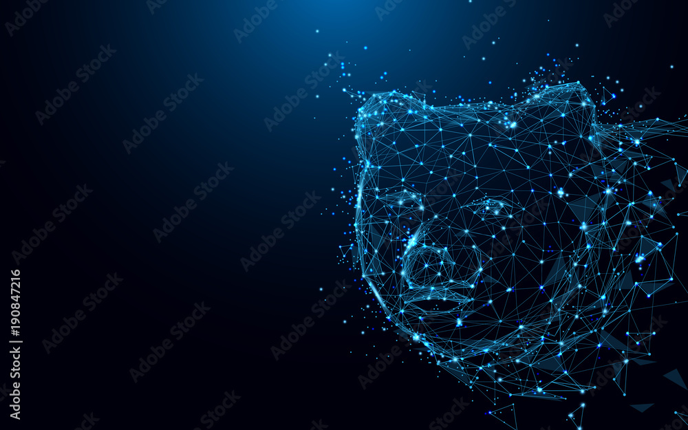 Leinwandbilder Abstract Bear Head form lines and triangles, point connecting network on blue background. Illustration vector