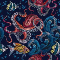 Embroidery octopus, sea wave and tropical fishes seamless pattern. Fashionable clothes, t-shirt design. Classical embroidery red octopus underwater, wave, fishes, seamless fashion pattern
