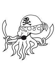pirat seeräuber säbel schwerter schiff boot meer überfall blick böse gefährlich oktopus tentakel unterwasser tintenfisch riesenkrake kraken comic cartoon design clipart