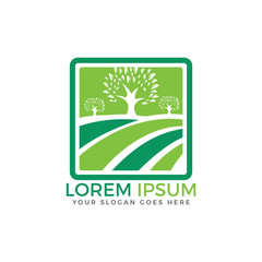 Organic farm logo design. agricultural landscape icon sky sun field grass for environmental emblem.