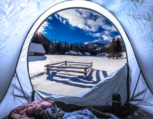 View from tent to the Tatras in morning in winter © shaiith