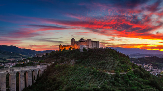 Stunning castle in Spoleto at sunset, Italy, Umbria
