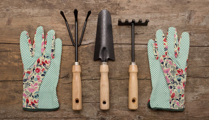 Garden tools on rustic background. Rake, spade, hoe, gloves