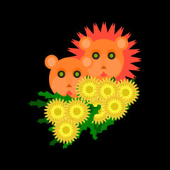 a lion and a lioness with a bouquet of dandelion