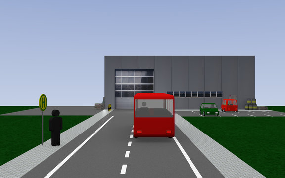 View of a company hall with parking, street, bus and stop.
