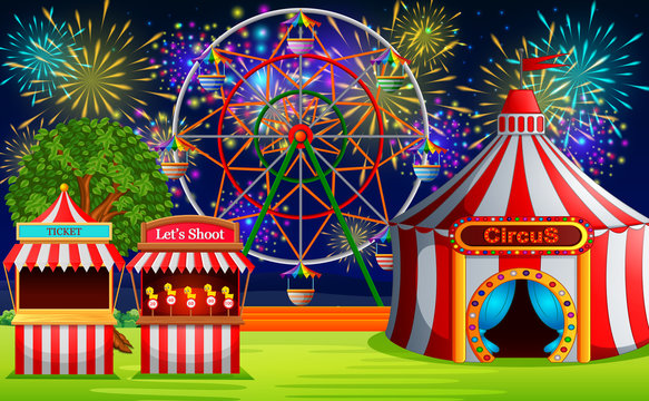 Amusement park scene with circus tent and firework