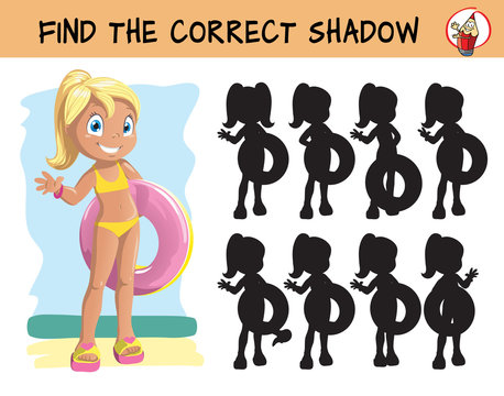 Cute little girl with swimming circle on the beach. Find the correct shadow. Educational matching game for children. Cartoon vector illustration